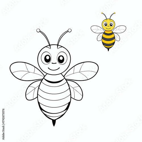 A cute bumble bee coloring page featuring a cheerful bee with buzzing wings and striped body, surrounded by flowers—perfect for kids to enjoy and explore creativity.