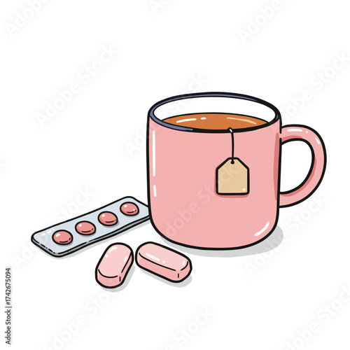 Cough drops beside tea mug in pink color on white background  