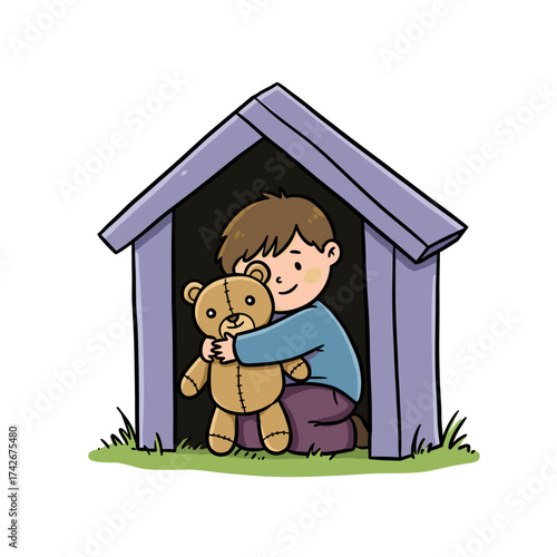Boy hugging stuffed dog in playhouse with a happy expression  