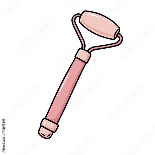 Facial roller tool in pink color with ergonomic handle design  