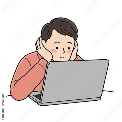 Young man looking at laptop with hands on cheeks in casual setting  