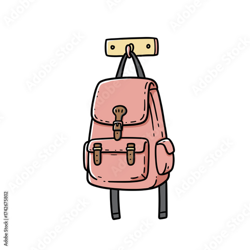 Pink backpack hanging on wall hook with zipper closure  