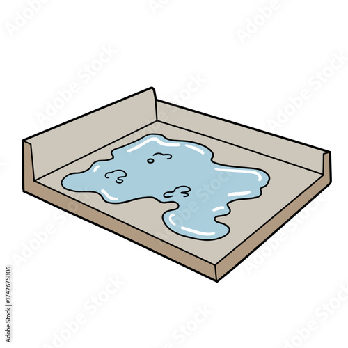 Cartoon illustration of a puddle in a shallow tray  
