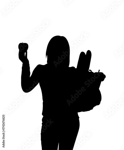 Silhouette of a woman holding a coffee cup and a shopping bag filled with groceries
