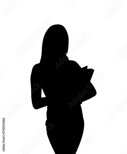 Silhouette of a woman holding a book or tablet against a bright white background