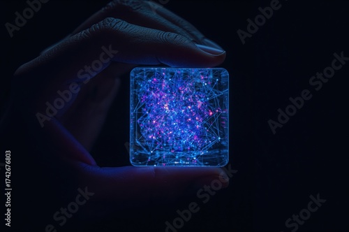 A single hand holds glowing transparent cube revealing intricate blockchain network within