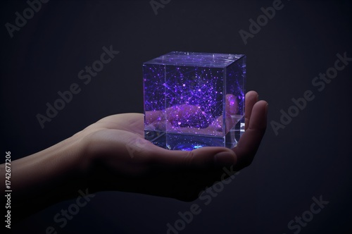 A single hand holds glowing transparent cube revealing intricate blockchain network within