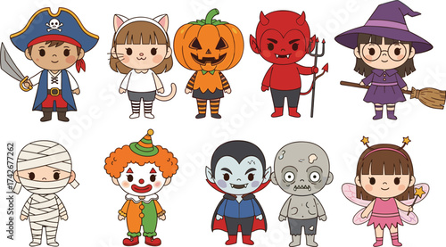 Halloween costume kids, cartoon children, spooky outfits, pirate, witch, mummy, vampire, zombie, fairy, pumpkin, devil, clown, festive illustration