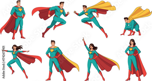 Cartoon superhero character set, male and female vector illustrations in dynamic poses, teal costume with red cape for comic, animation, or promotional design