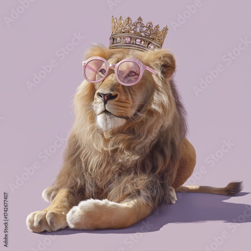 Regal lion wearing a jeweled crown and oversized pastel pink sunglasses on purple background.