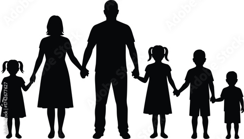 Silhouette illustration of happy family with parents and four children holding hands together showing unity love care and togetherness concept