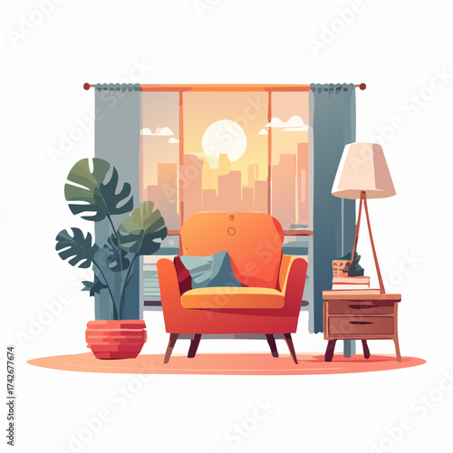 Cozy living room interior design, armchair with pillow near window background sunset view, illustration of plant, lamp and side table