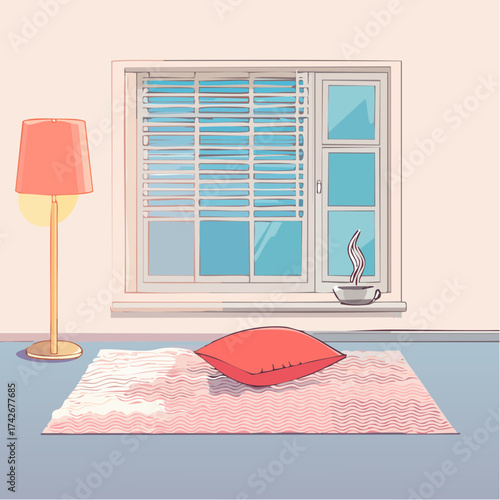 Cozy interior scene with floor lamp illuminating serene room and bright window featuring a relaxed space with a red cushion