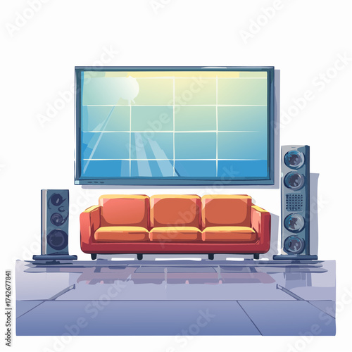 Contemporary Living Room with Home Theater System: Red Sofa, Flat Screen TV, Tower Speakers, Modern Interior Illustration
