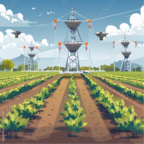 Conceptual illustration of agricultural sustainability with crop fields, futuristic towers and aerial drones in vibrant daytime scene