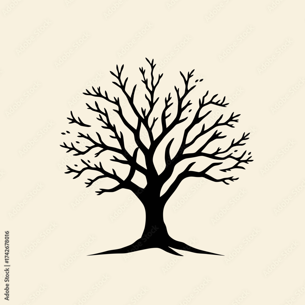 Obraz premium A stylized black silhouette of a bare tree against a neutral, light background.