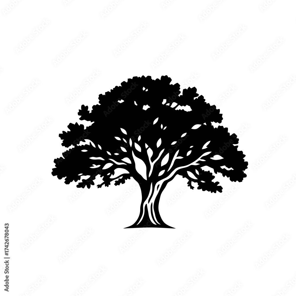 Fototapeta premium Silhouette of a large, leafy tree with a thick trunk and spreading branches against a white background.