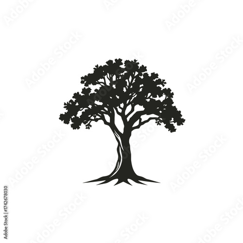 Silhouette of a mature tree with a full canopy and visible roots against a white background.