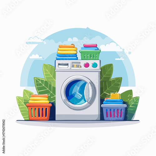 Clean Laundry Machine Illustration with Colorful Towels and Baskets, Fresh Wash Service Icon on a Springtime Background