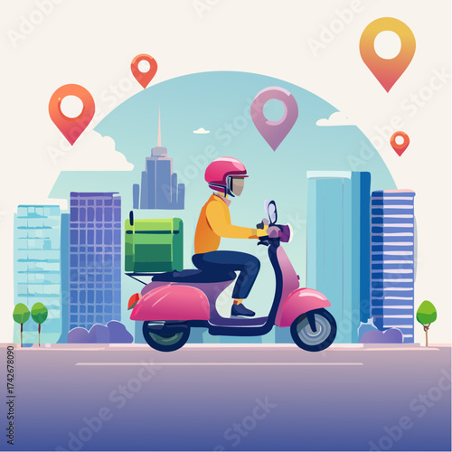 City delivery service illustration with scooter, courier, location markers, and urban background for logistics and online orders design