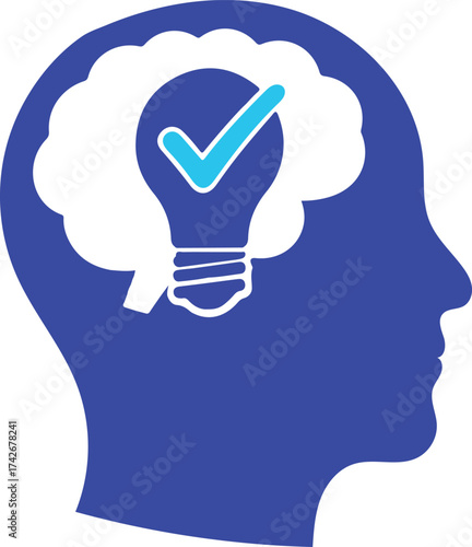 Silhouette of Human Head with Lightbulb and Check Mark Inside Keywords: head, silhouette, brain, thinking, idea