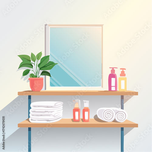 Bathroom scene illustration with mirror shelf plant and toiletries creating a clean minimalist decor perfect for hygiene and spa related concepts