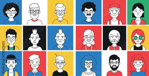 Diverse cartoon portraits grid, multicultural avatar illustration, stylized character design, colorful background squares, expressive face icons, modern identity concept, social diversity artwork
