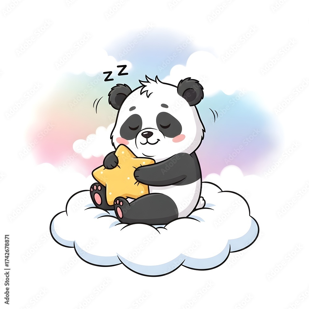 Obraz premium Sleepy Cartoon Panda Hugging Star Pillow on Cloud
