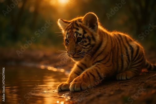 Latvia, Kandava, 2025-08-23, Latvijas kauss A young tiger cub enjoys a serene evening by the water's edge