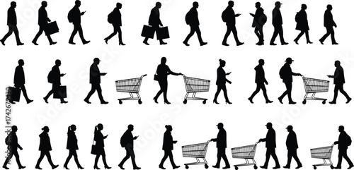 Silhouette illustration of people walking, shopping, using mobile phones, and pushing carts, representing daily urban lifestyle and modern city life