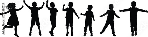 Silhouette of happy children jumping and playing together vector illustration representing fun, joy, friendship, childhood energy, and freedom concept