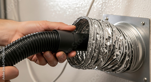 Hand inserting vacuum hose into flexible dryer vent ducting