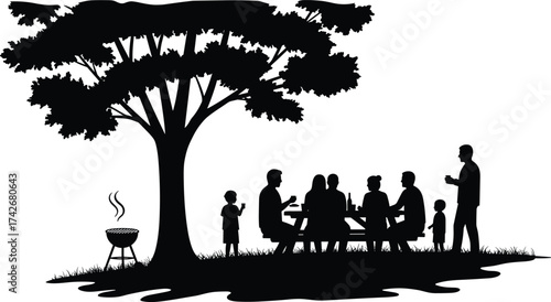 Silhouette of large family walking together holding hands representing unity, love, connection, happiness, and togetherness in minimalist black vector illustration