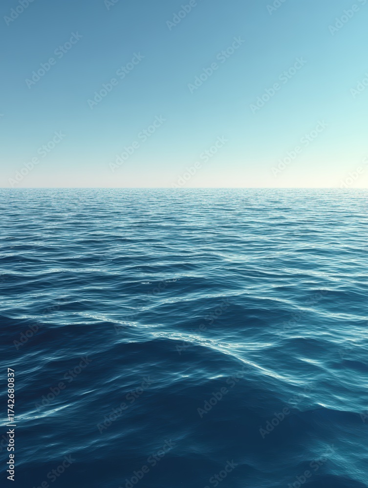 Obraz premium The vast expanse of the ocean stretches towards the horizon under a clear blue sky offe a sense of peace and tranquility to observers.