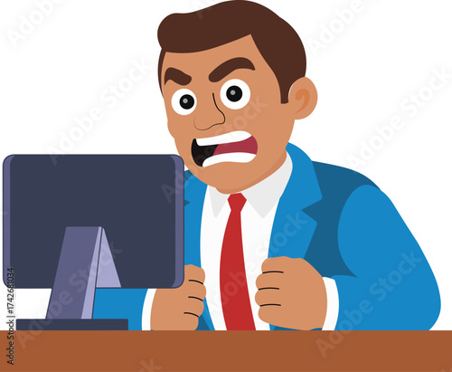 Angry Businessman Yelling at Computer Screen Vector  