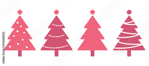 Four festive pink christmas trees with stars and decorations for holiday celebrations isolated on white background