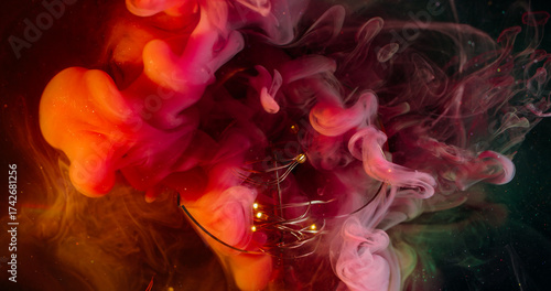 Smoke mix. Defocused colorful flare. Bright pink red green mist blending paint background. Light glass garland abstract fluid swirl.