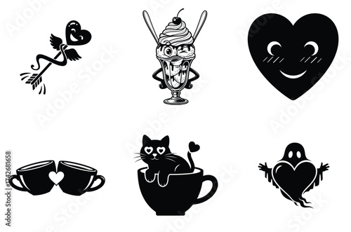 Collection of six black and white cartoon silhouettes featuring cute love themed characters and desserts isolated on white background