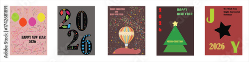 Happy New Year 2026 and Christmas Greeting Card Collection with Modern Abstract and Minimalist Vector Designs
