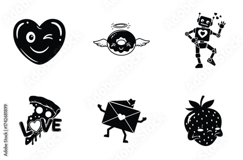 Quirky black silhouette set of six funny cartoon icons representing love, food, and technology isolated on white background