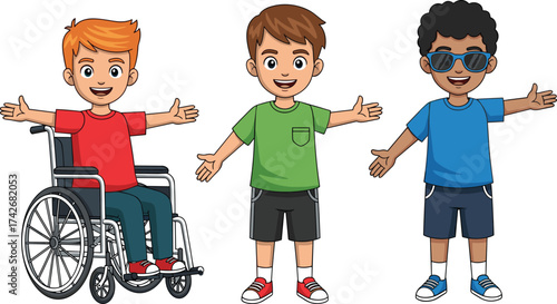 Inclusive cartoon children, wheelchair user, diverse characters, open arms pose, smiling boys, disability representation, friendship theme, cheerful illustration, sunglasses, unity