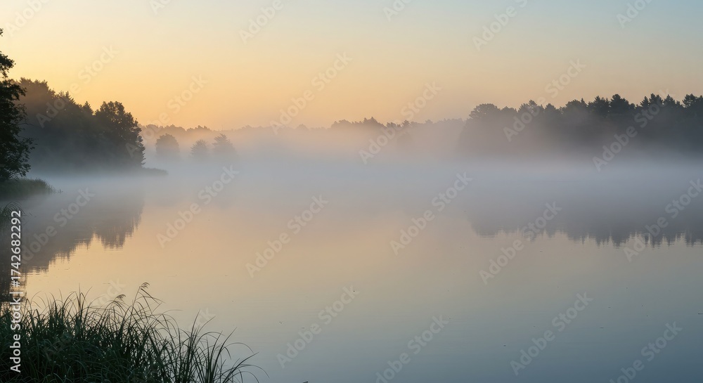 Fototapeta premium Serene misty lake at sunrise with soft pastel sky reflecting tranquil natural beauty and lush forest silhouettes creating a peaceful, ethereal dawn atmosphere for mindfulness and escape