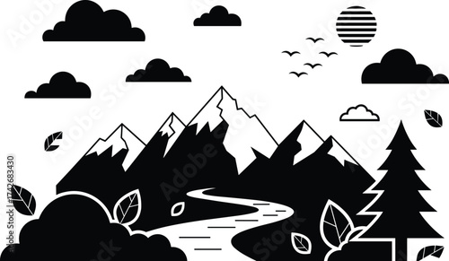 Mountain landscape illustration, black and white nature scene, winding river, conifer tree, flying birds, serene wilderness, stylized sketch, peaceful view