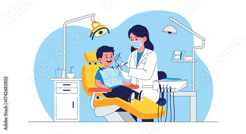 A young boy smiles while a dentist examines his teeth.