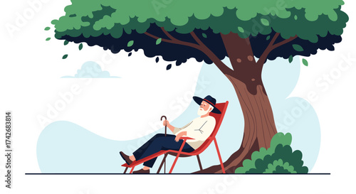 An elderly person enjoys a peaceful rest under a large tree.