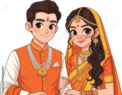 Indian wedding couple, traditional attire, cartoon illustration, saree and sherwani, cultural fashion, romantic pose, jewelry details, festive look, ethnic style, celebration moment
