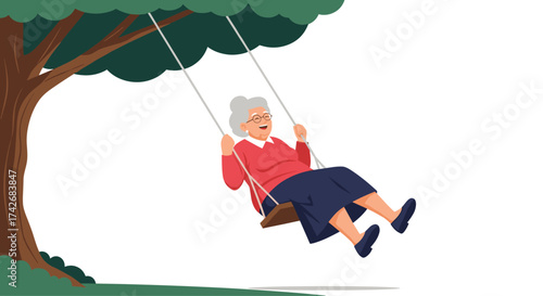 An elderly woman joyfully swings on a wooden swing suspended from a large tree.
