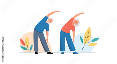Active seniors stretching and exercising in nature.