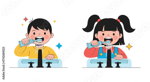 Children brushing their teeth to maintain good oral hygiene. 