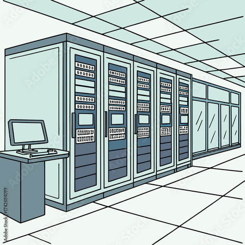 Modern data center interior with rows of server racks and a computer workstation on a desk
